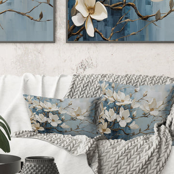 Blue And Gold Painted Magnolias VI - Magnolias Throw Pillow